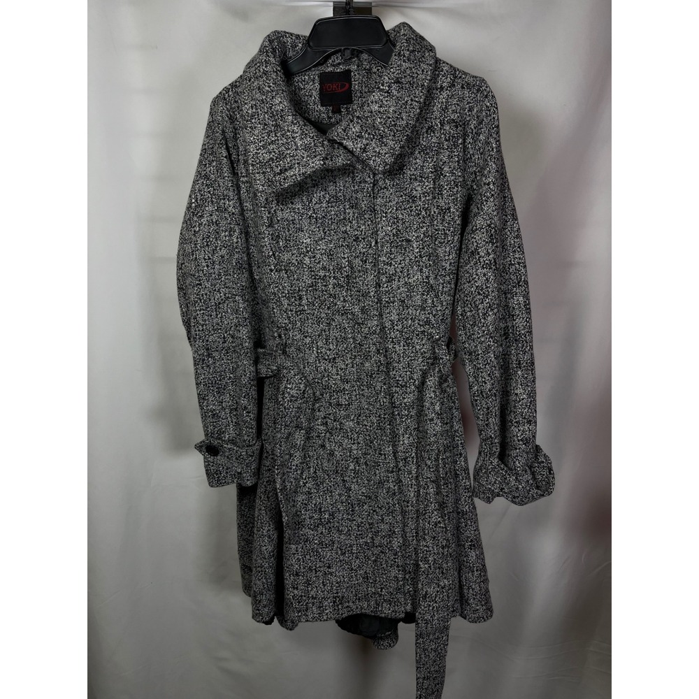 Yoki Womens Black White Tweed Trench Coat Belted Pea Coatโ Jacket Size L